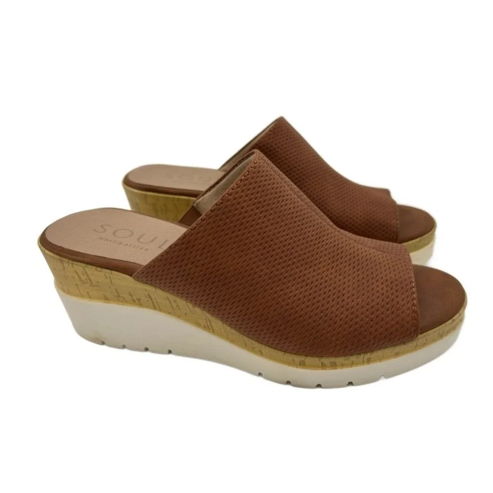Soul Naturalizer Shoes Women's Size 8M Brown Wedge Sandals Mules Peep Toe Slides